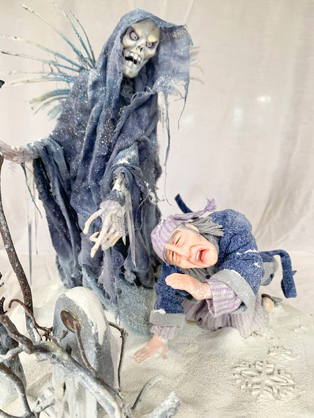 Scrooge and Ghost of Christmas Future graveyard with tombstone