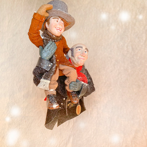 Scrooge a new man with Tiny Tim on his shoulder - Hanging Christmas Ornament-Limited Edition-kenfolks