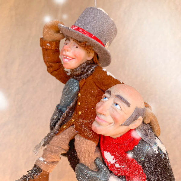 Scrooge a new man with Tiny Tim on his shoulder - Hanging Christmas Ornament-Limited Edition-kenfolks