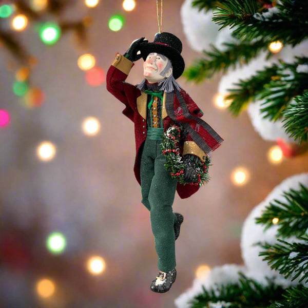 Happy Scrooge carrying a Christmas wreath and tipping his Top Hat - Dickens Collectable Christmas Decoration - Sculpture by Ken Fedoruk-Limited Edition-kenfolks