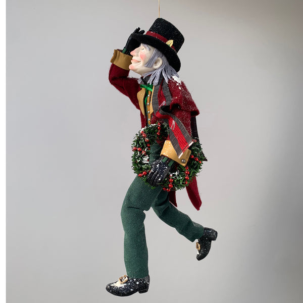 Happy Scrooge carrying a Christmas wreath and tipping his Top Hat - Dickens Collectable Christmas Decoration - Sculpture by Ken Fedoruk-Limited Edition-kenfolks