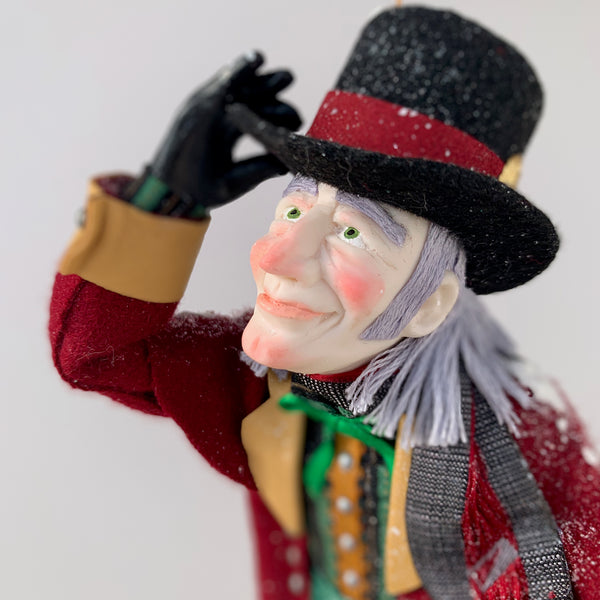 Happy Scrooge carrying a Christmas wreath and tipping his Top Hat - Dickens Collectable Christmas Decoration - Sculpture by Ken Fedoruk-Limited Edition-kenfolks