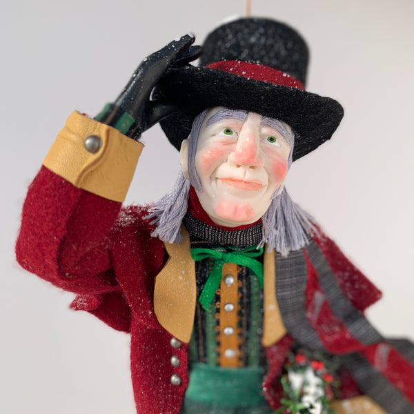 Happy Scrooge carrying a Christmas wreath and tipping his Top Hat - Dickens Collectable Christmas Decoration - Sculpture by Ken Fedoruk-Limited Edition-kenfolks