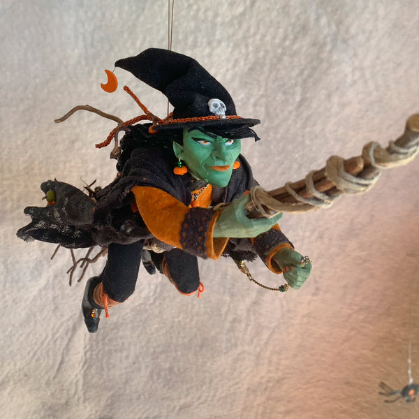 Inflight Halloween witch with Jack-o-lanterns a plenty trailing behind her flowing cape - Hanging Ornament-Limited Edition-kenfolks