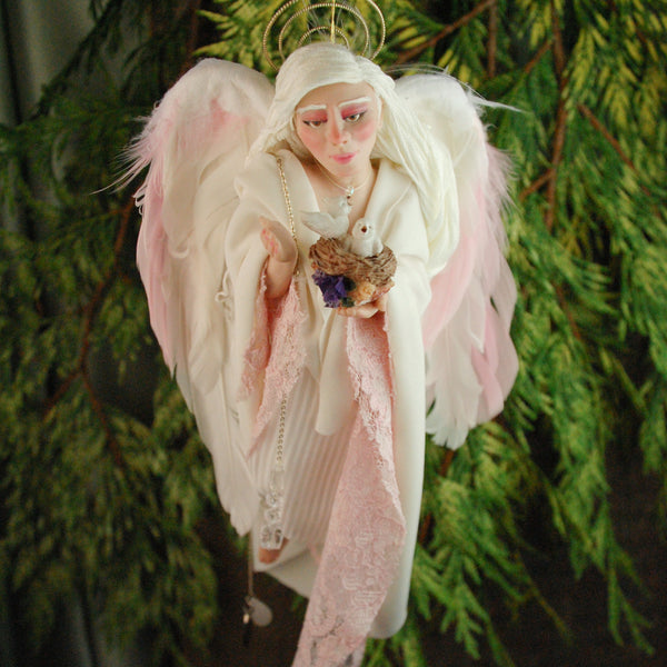 Treetop Angel with feather wings holding doves in a birds nest-Limited Edition-kenfolks
