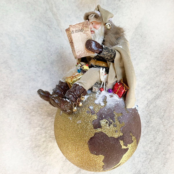 Santa Christmas Decoration - North Pole - Santa studying a world map planning Christmas Eve Trip - Collect Santa's by Kenfolks - Handmade-Limited Edition-kenfolks