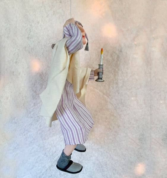 Terrified Scrooge Christmas Ornament - Charles Dickens Character - A Christmas Carol -Holding a Candlestick in his nightshirt-Limited Edition-kenfolks
