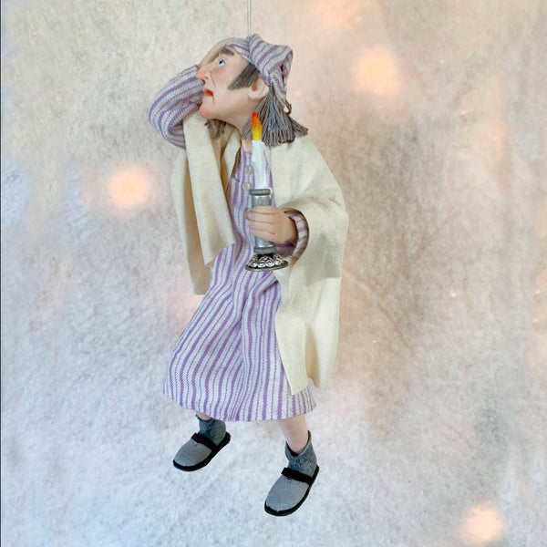 Terrified Scrooge Christmas Ornament - Charles Dickens Character - A Christmas Carol -Holding a Candlestick in his nightshirt-Limited Edition-kenfolks