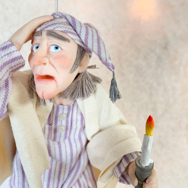 Terrified Scrooge Christmas Ornament - Charles Dickens Character - A Christmas Carol -Holding a Candlestick in his nightshirt-Limited Edition-kenfolks