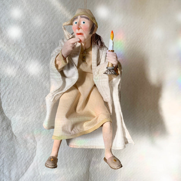 Scrooge startled by Marleys arrival - Charles Dickens Collectable - in a wool blanket & nightcap holding a candelabra - Handmade Hanging Christmas Ornament-Limited Edition-kenfolks