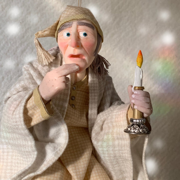 Scrooge startled by Marleys arrival - Charles Dickens Collectable - in a wool blanket & nightcap holding a candelabra - Handmade Hanging Christmas Ornament-Limited Edition-kenfolks