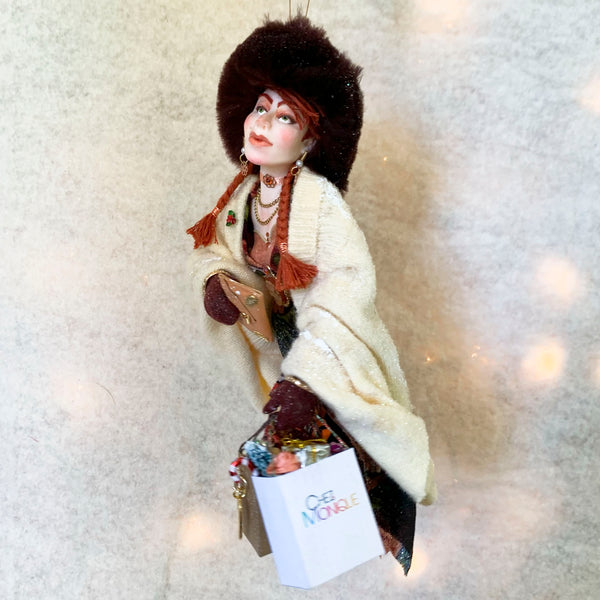 Christmas Shopper Hanging ornament - Festive Christmas Tree ornament - Shopping Queen - Russian Fur Hat-Limited Edition-kenfolks