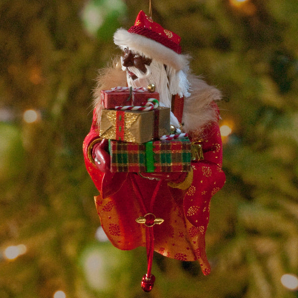 African American Santa Claus Decoration - Arm full of Christmas presents - Richly textured fur trimmed red and gold coat & cap - Golden mittens-Limited Edition-kenfolks
