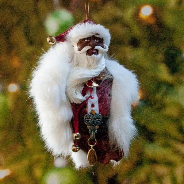 African American Santa Claus - Christmas Decoration - Richly textured fur trimmed red and gold coat & cap-Limited Edition-kenfolks