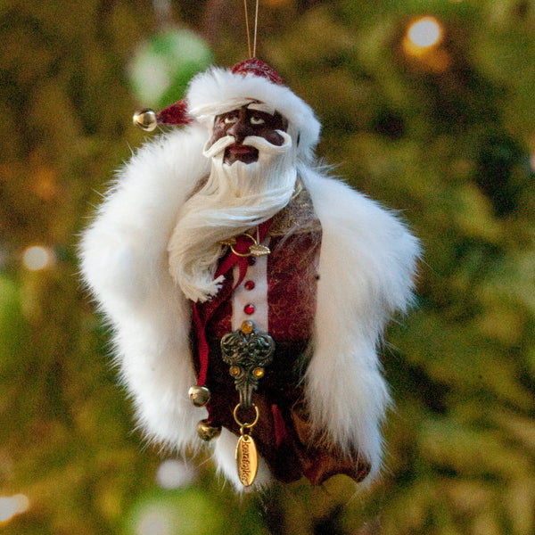 African American Santa Claus - Christmas Decoration - Richly textured fur trimmed red and gold coat & cap-Limited Edition-kenfolks