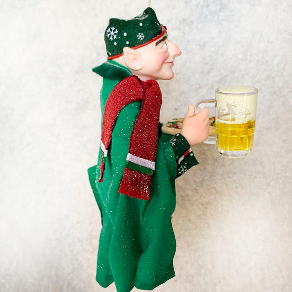 Christmas Elf taking a break with a beer and pizza - Holiday fun ornament-Limited Edition-kenfolks
