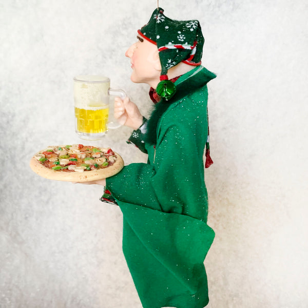 Christmas Elf taking a break with a beer and pizza - Holiday fun ornament-Limited Edition-kenfolks