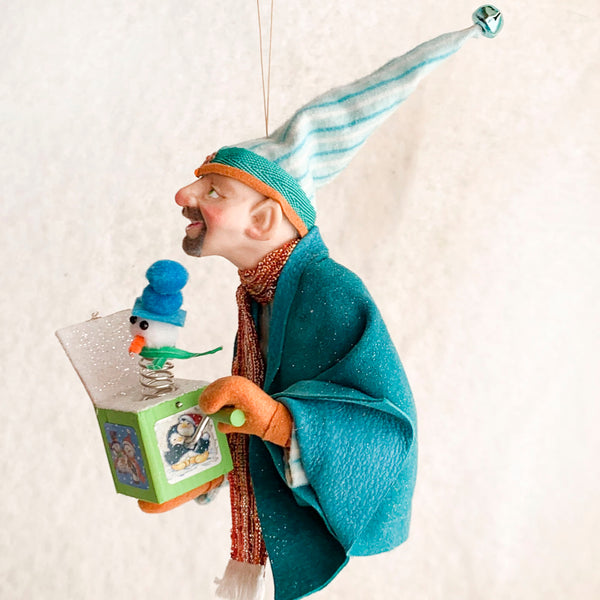 Santa's Christmas Elf testing a Jack in the Box toy - Hanging Tree Ornament - Collectable art by Ken Fedoruk-Limited Edition-kenfolks