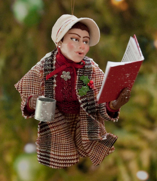 Christmas Carollers Ornament - Female singing Joy To the World - Figurine Holding a songbook and Collection Cup for the Poor - Handmade-Limited Edition-kenfolks