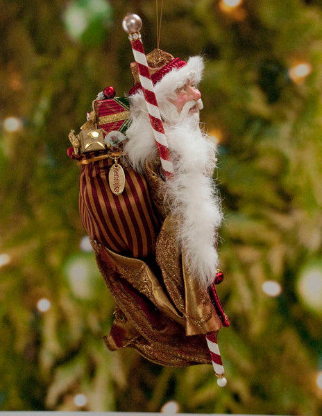 Santa Claus Christmas Ornament -Red and White with Sac of miniature presents - Flowing white beard - Candy cane staff - Red jingling bells-Limited Edition-kenfolks