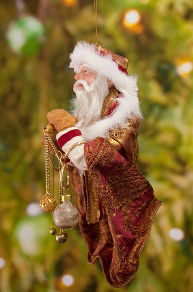 Santa Claus Decoration - Holding gold Christmas baubles - Richly textured fur trimmed red and gold coat & cap - Golden mittens-Limited Edition-kenfolks