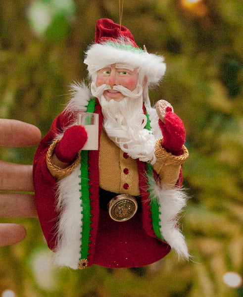 Santa Claus Christmas Ornament - Eating a cookie and a glass of milk - Red velvet coat & cap with green jingling bell - Flowing white beard-Limited Edition-kenfolks
