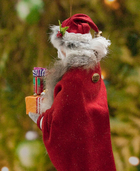 Santa Claus Christmas Ornament - Carrying an arm full of presents - Red velvet coat & cap with green jingling bell - Flowing white beard-Limited Edition-kenfolks