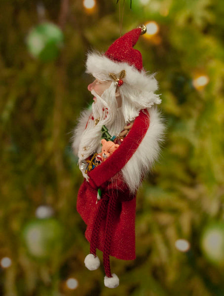 Santa Claus Christmas decor - Flowing white beard sprinkled with candy canes - White fur trimmed red coat & cap with gold jingling bell-Limited Edition-kenfolks