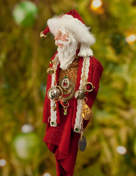 Santa Claus Decoration - Richly adorned with golden baubles and antique jewellery - Textured fur trimmed red & cap - Red and Gold Santa-Limited Edition-kenfolks