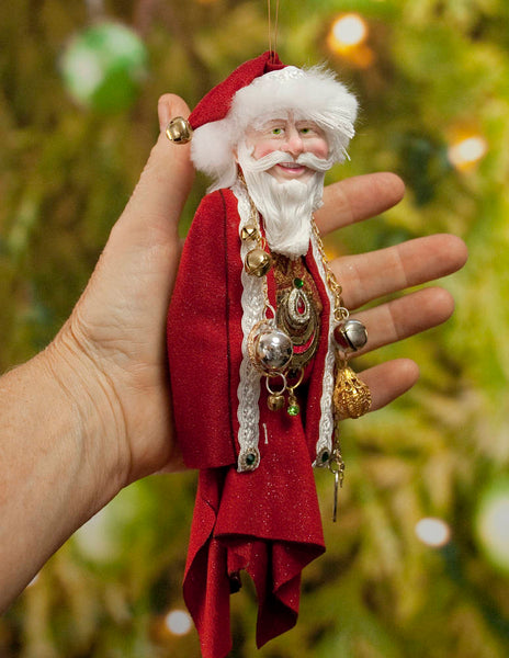 Santa Claus Decoration - Richly adorned with golden baubles and antique jewellery - Textured fur trimmed red & cap - Red and Gold Santa-Limited Edition-kenfolks