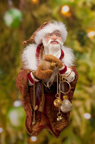Santa Claus Decoration - Holding gold Christmas baubles - Richly textured fur trimmed red and gold coat & cap - Golden mittens-Limited Edition-kenfolks
