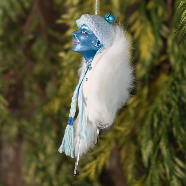Snow Queen - Christmas Ornament - White fur wrap - handmade sculpted art - Unique handmade Christmas decoration for blue and white decor-Limited Edition-kenfolks
