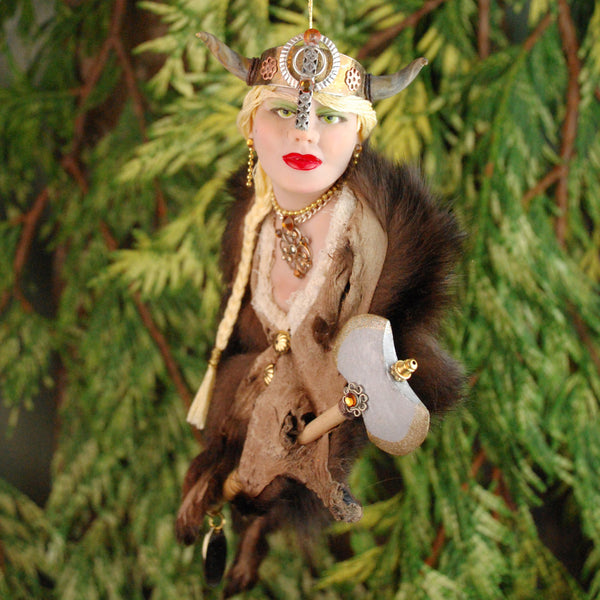 Viking Hanging Ornament, female warrior with brown fur cloak-Original Art-kenfolks